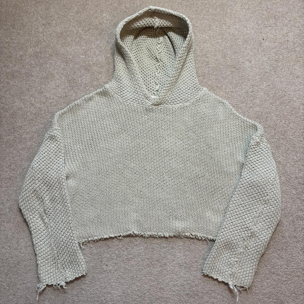 RtA Sweater Womens Medium Beige Open Knit Hooded Cropped Pullover 100% Cotton